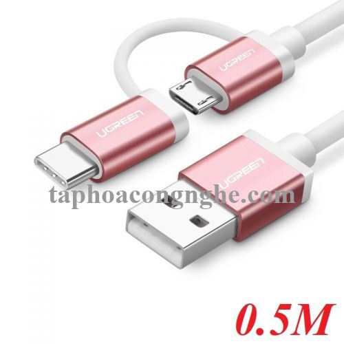 Ugreen 30542 0.5M màu Hồng Cáp USB-A sang Micro USB + USB-C cao cấp US177 30030542